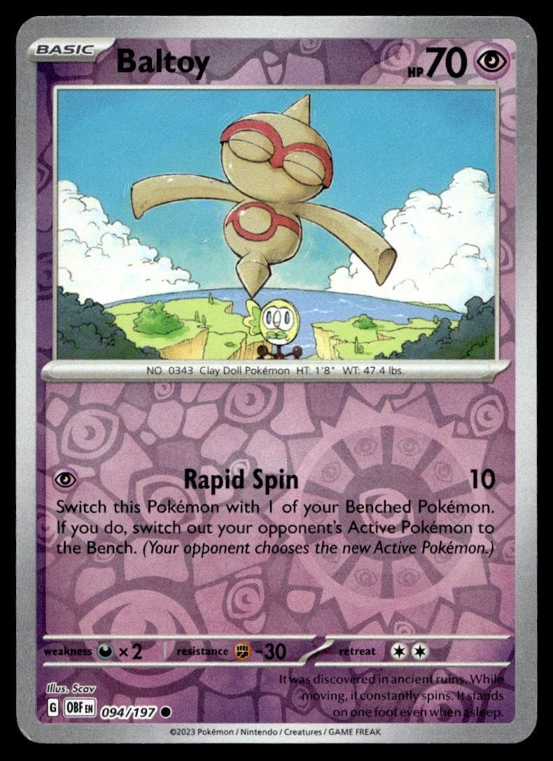 Baltoy 94/197 Pokemon Card Obsidian Flames Common 70 HP Rev Holo Near Mint UT