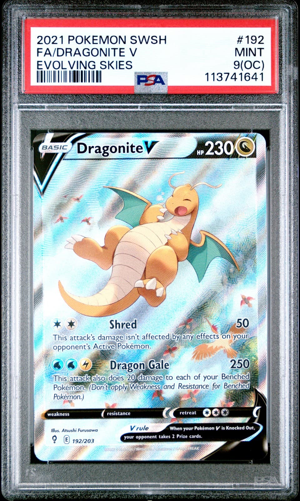DRAGONITE V 192/203 EVOLVING SKIES POKEMON PSA 9 OC *ERROR ALIGNMENT DOT