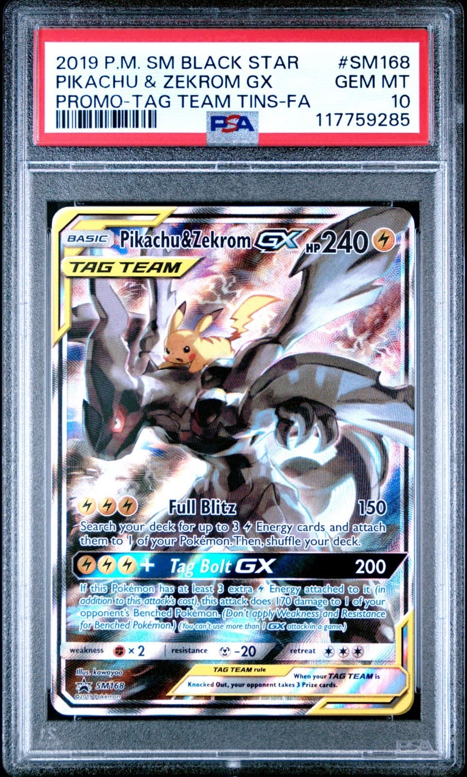 2019 POKEMON SM BLACK STAR PROMO #SM168 FULL ART/PIKACHU & ZEKROM GX PSA 10