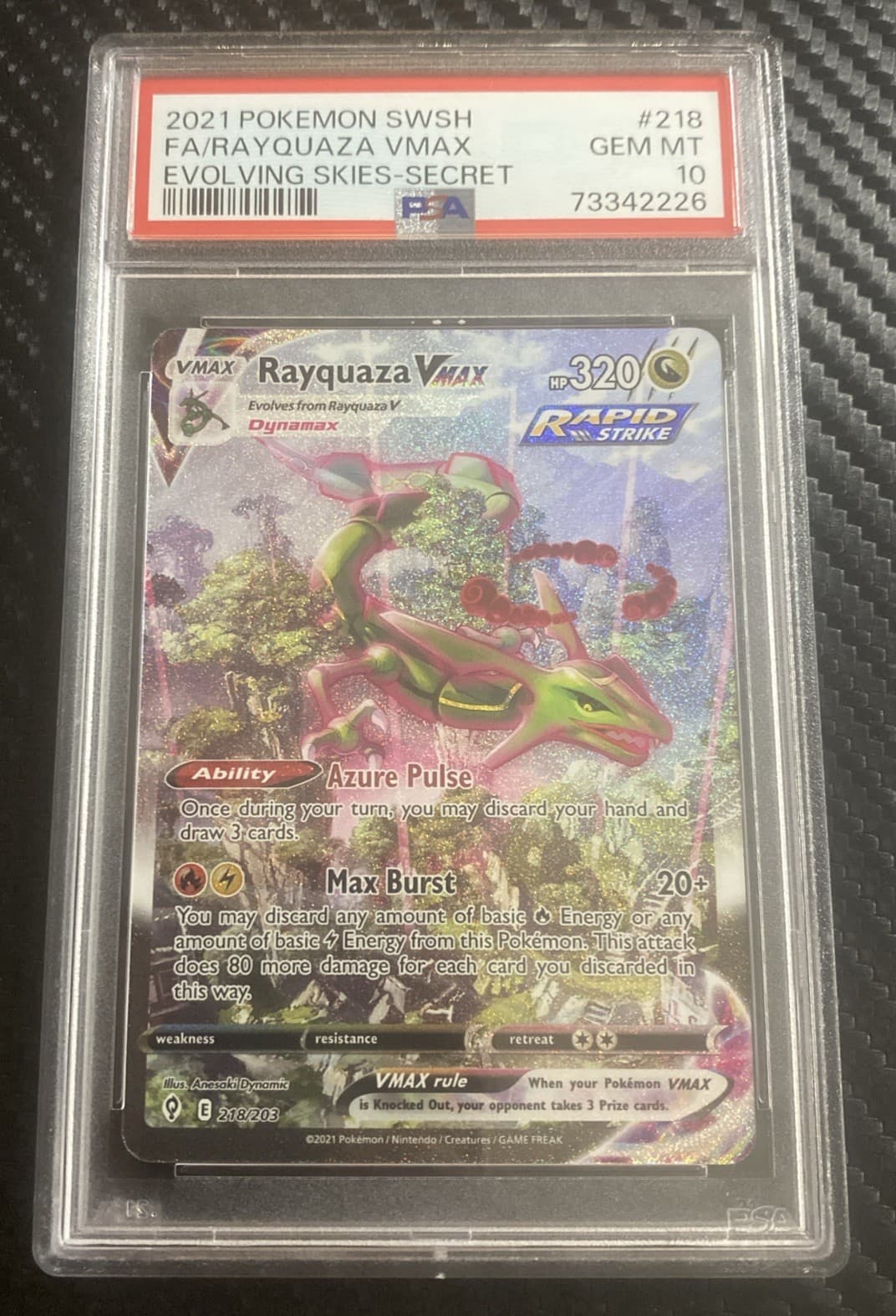 Pokemon 2021 Rayquaza VMAX 218/203 Evolving Skies Alt Art Secret Rare PSA 10