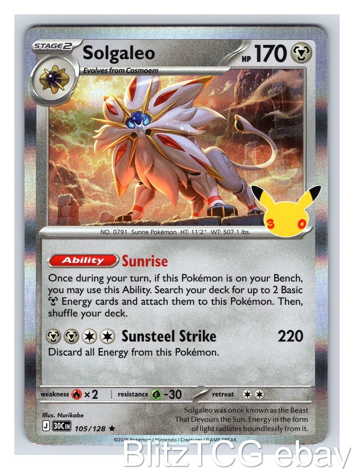Solgaleo 30C 105/128 ME: 30th Celebration Pokemon Holo NM/M