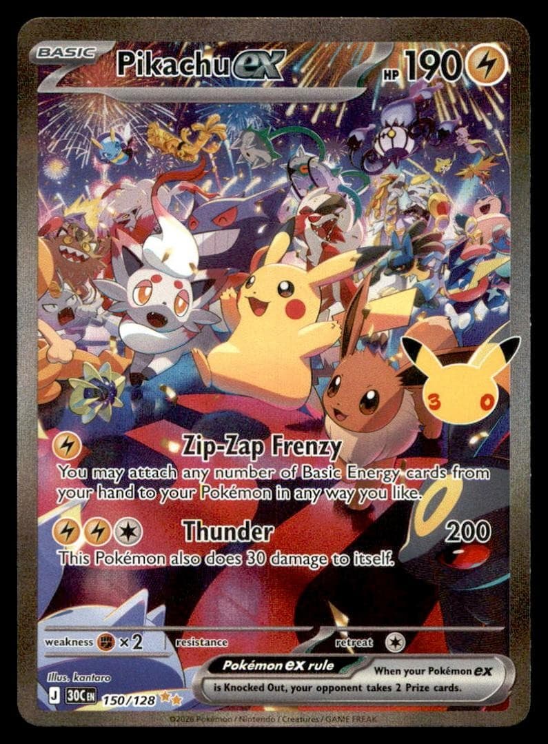 Pikachu ex 150/128 Holo ME: 30th Celebration Pokemon NM
