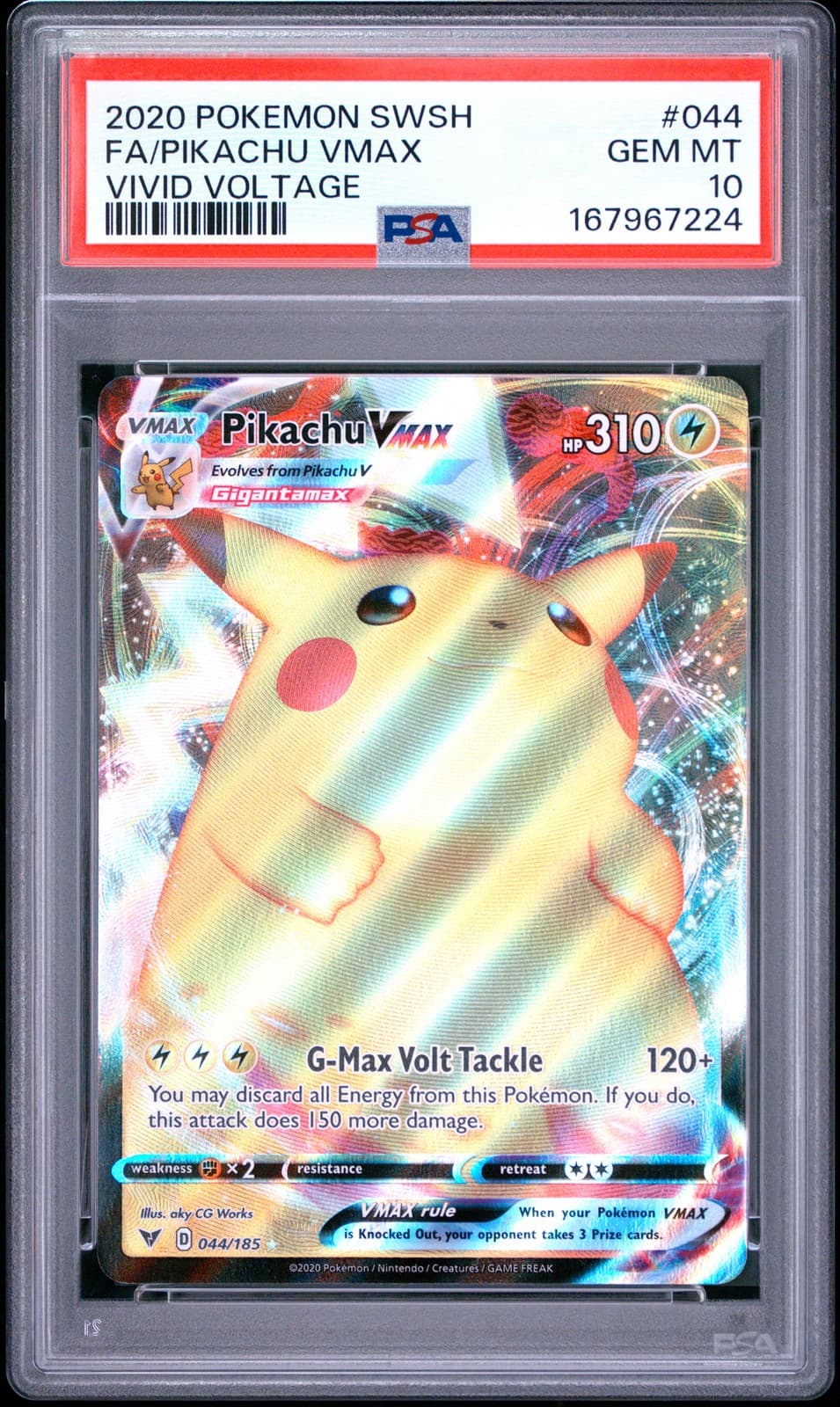 2020 POKEMON SWORD & SHIELD VIVID VOLTAGE #044 FULL ART/PIKACHU VMAX PSA 10