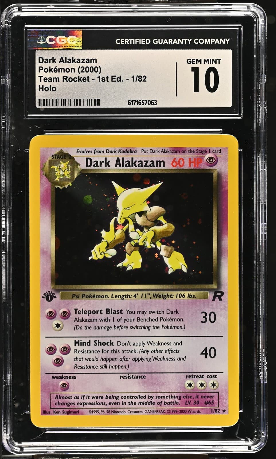 CGC 10 GEM MINT Dark Alakazam 1/82 Team Rocket 1st Edition Holo Pokemon Card