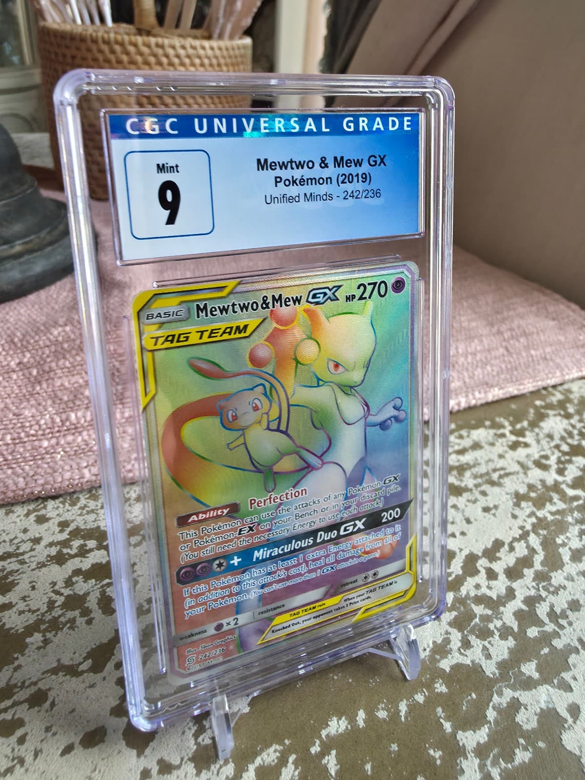 2019 Pokemon Unified Minds Rainbow Mewtwo and Mew GX Full Art 242/236 PSA 9 Mint