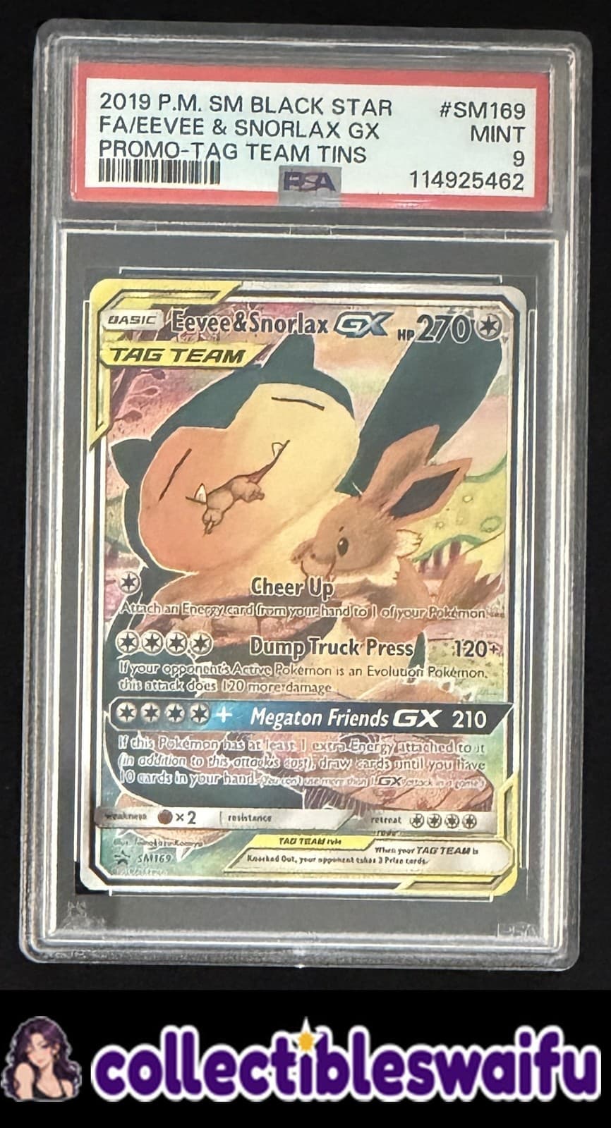 Eevee & Snorlax GX #SM169 Tag Team Black Star Promo Pokemon PSA 9 MINT