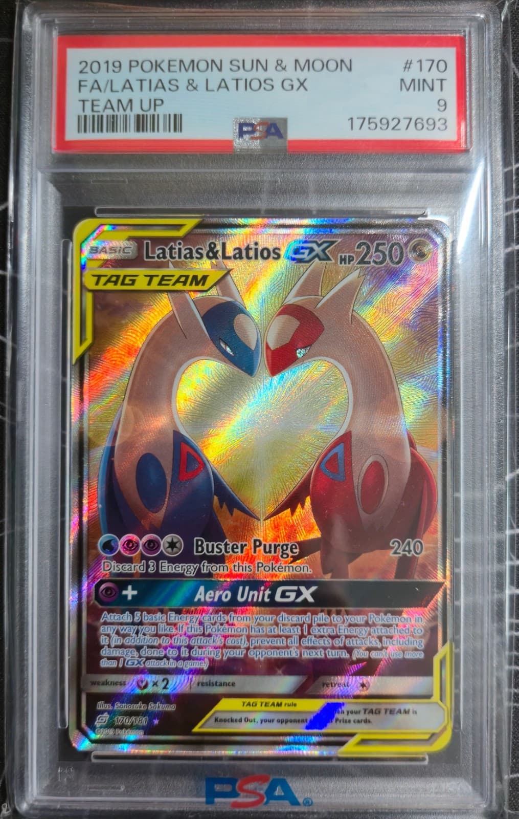 2019 Pokemon Sun & Moon Team Up Latias & Latios GX 170/181 Full Art Holo PSA 9