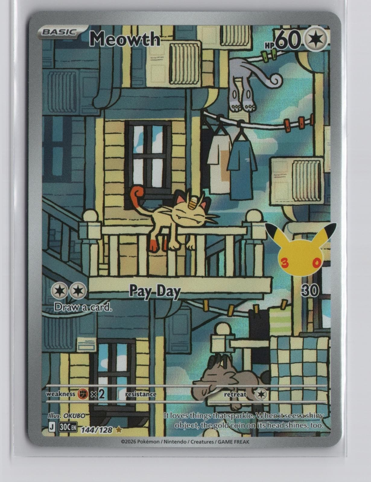 Meowth 144/128 ME: 30th Celebration Pokemon Holo Illustration Rare NM OKUBO