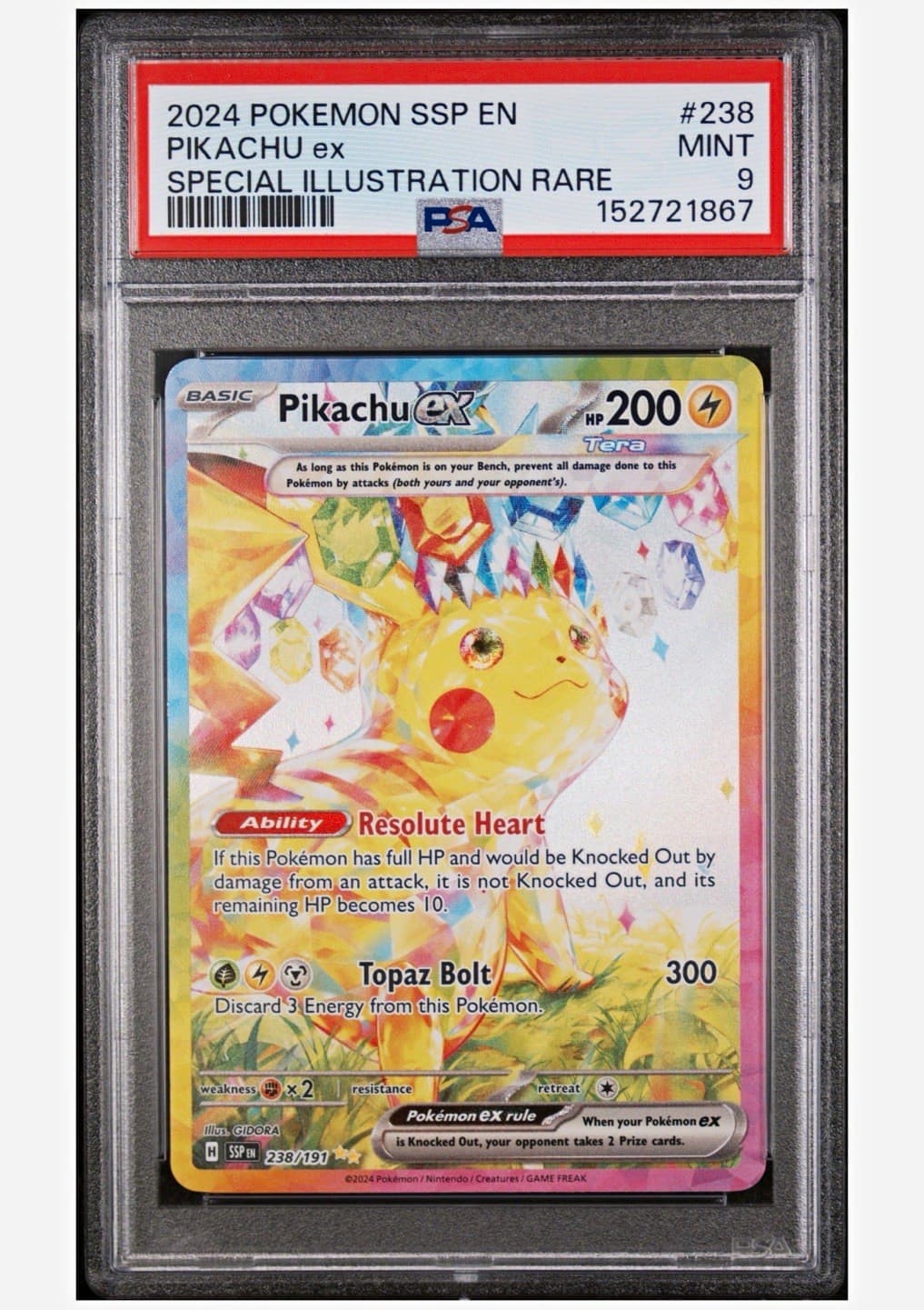 PSA 9 Pikachu EX SIR Full Art 238/191 Pokemon Sv08: Surging Sparks 2024 EN
