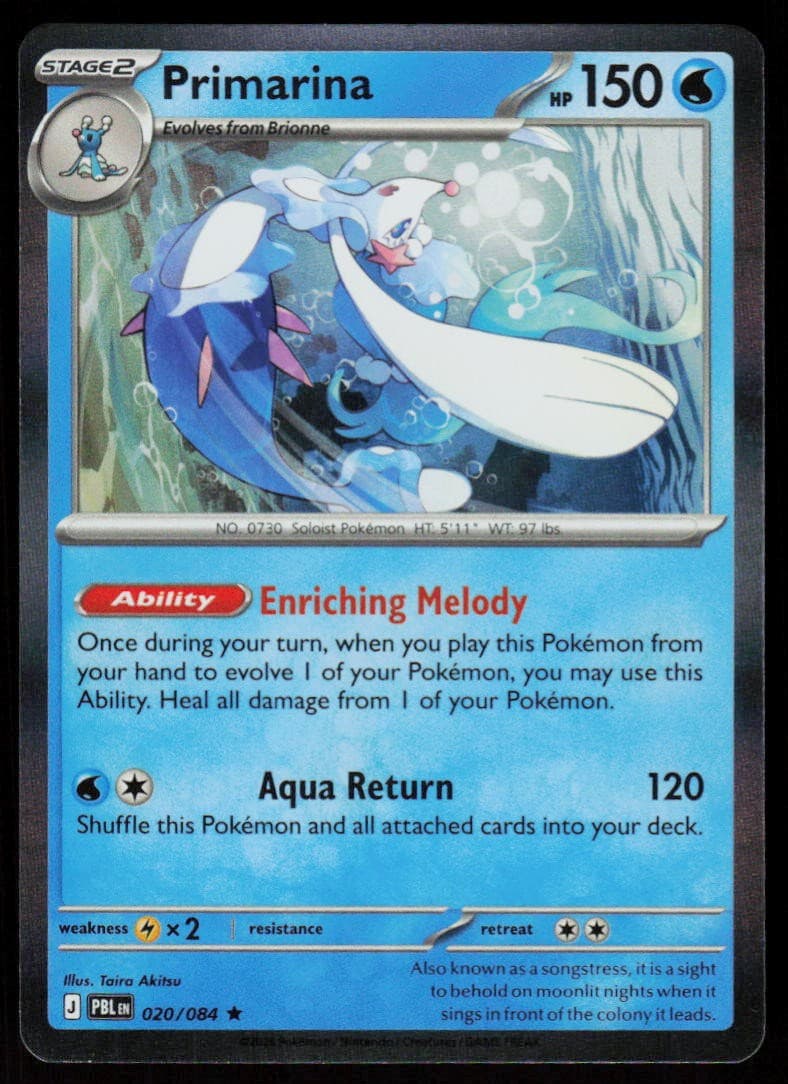 Primarina 020/084 Rare Pitch Black Pokemon Holo Near Mint
