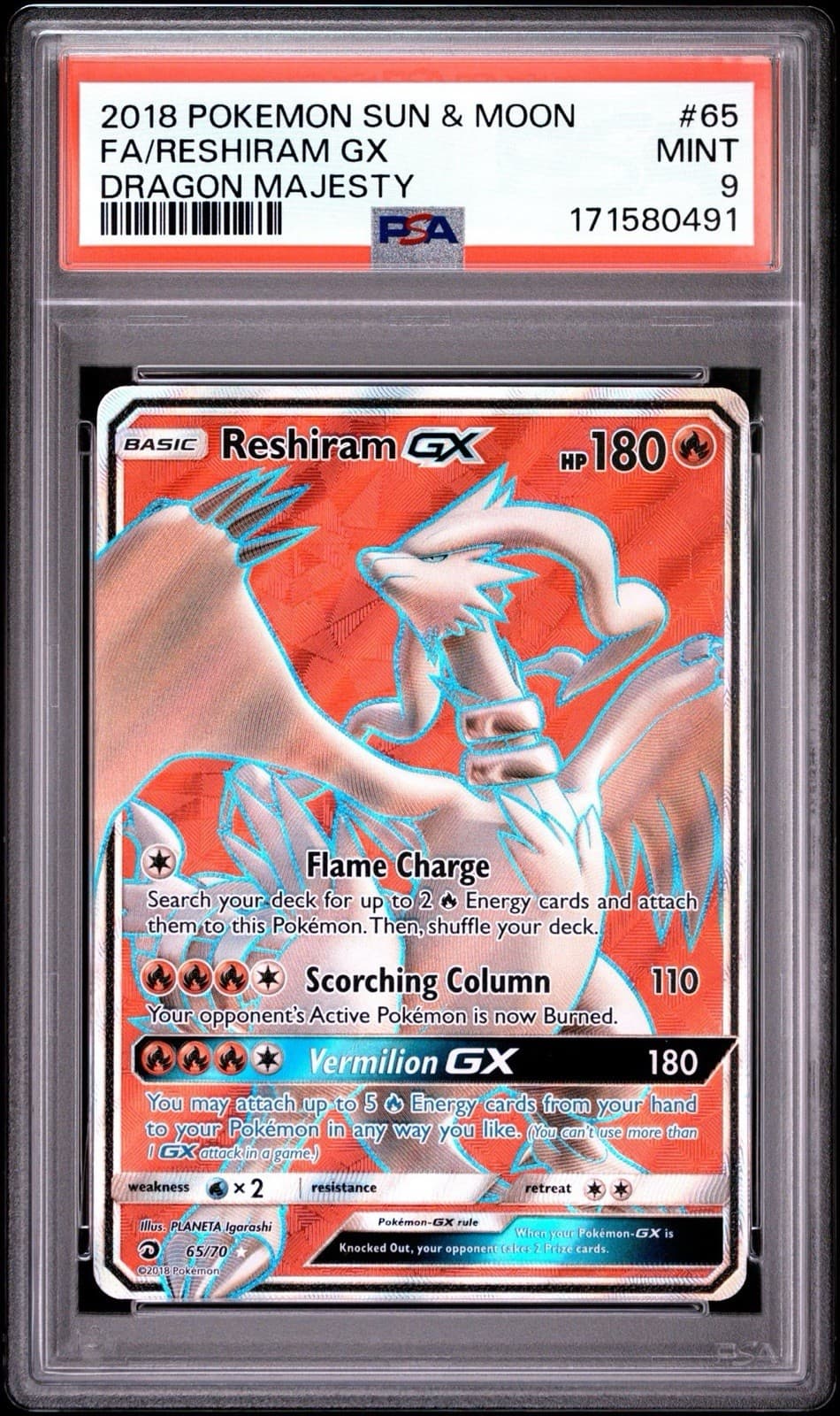 2018 POKEMON SUN & MOON DRAGON MAJESTY #65 FULL ART/RESHIRAM GX PSA 9 MINT