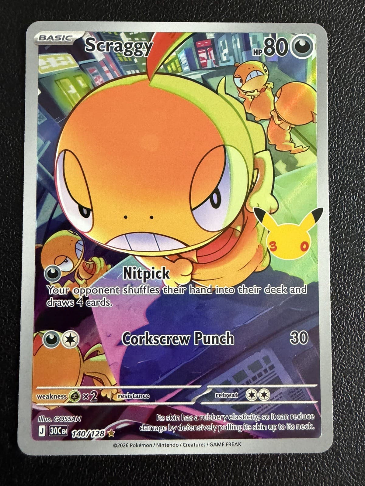 Pokemon TCG Scraggy 140/128 30th Celebration Illustration Rare Holo NM