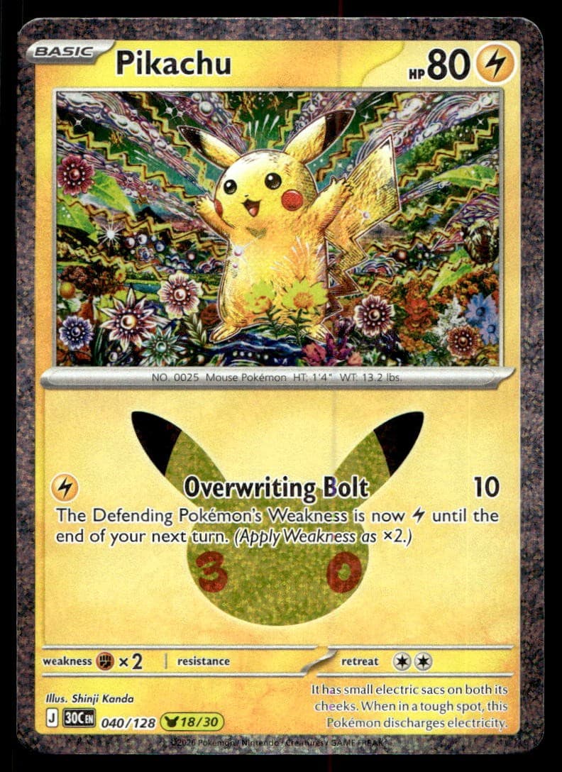 NM Pikachu [ME: 30th Celebration 040/128] Holofoil Pikachu Rare Pokemon TCG