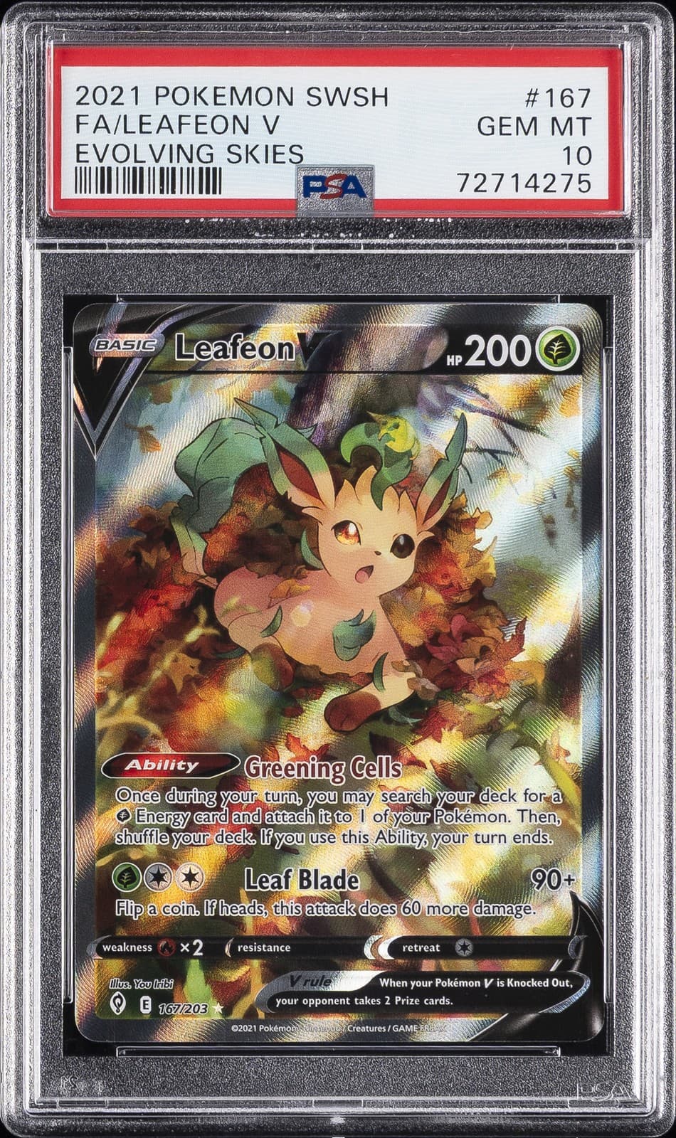 2021 POKEMON SWORD & SHIELD EVOLVING SKIES #167 FULL ART/LEAFEON V PSA 10
