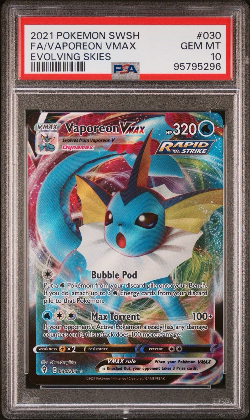 2021 Pokemon Sword & Shield #030 Fa/Vaporeon Vmax Evolving Skies PSA 10