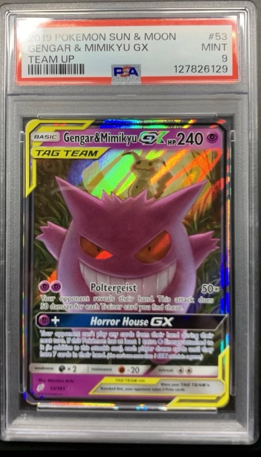 2019 Pokémon Sun and Moon Team Up Gengar Mimikyu GX Card 53/181 PSA 9