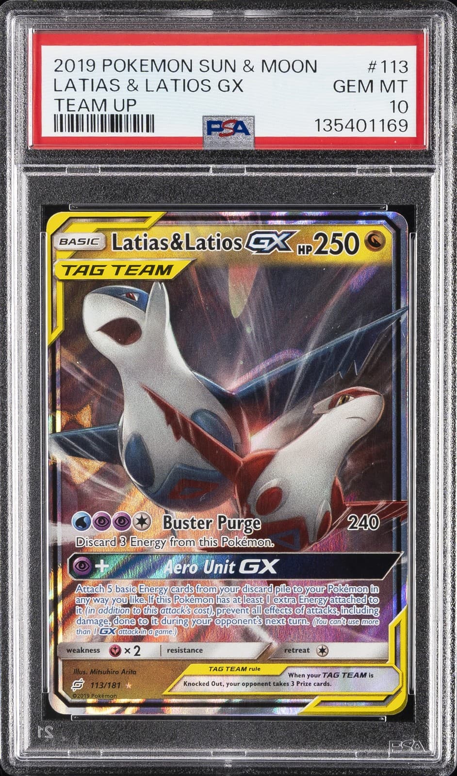 2019 POKEMON SUN & MOON TEAM UP #113 LATIAS & LATIOS GX PSA 10