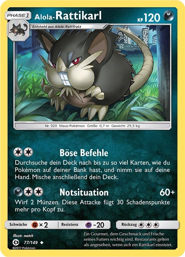 77/149 Alola-Rattikarl EXC/NM Sonne Mond 2017 NON HOLO Pokémon Karte Deutsch TCG