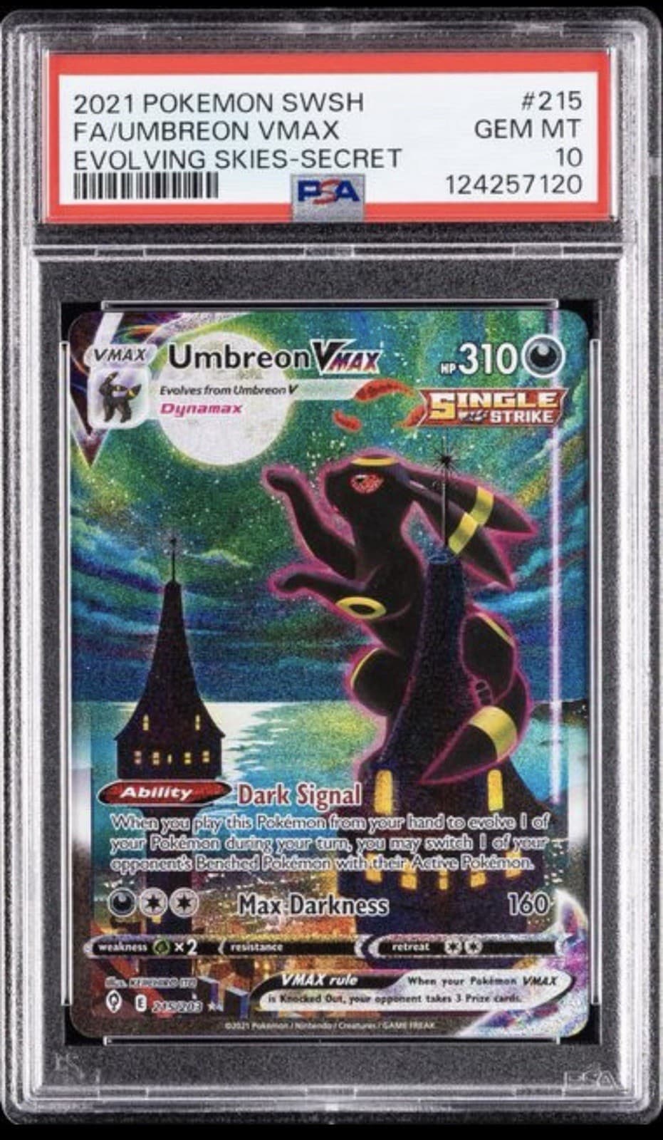 Umbreon VMAX Alt Art Secret Rare 215/203 Evolving Skies Holo PSA 10