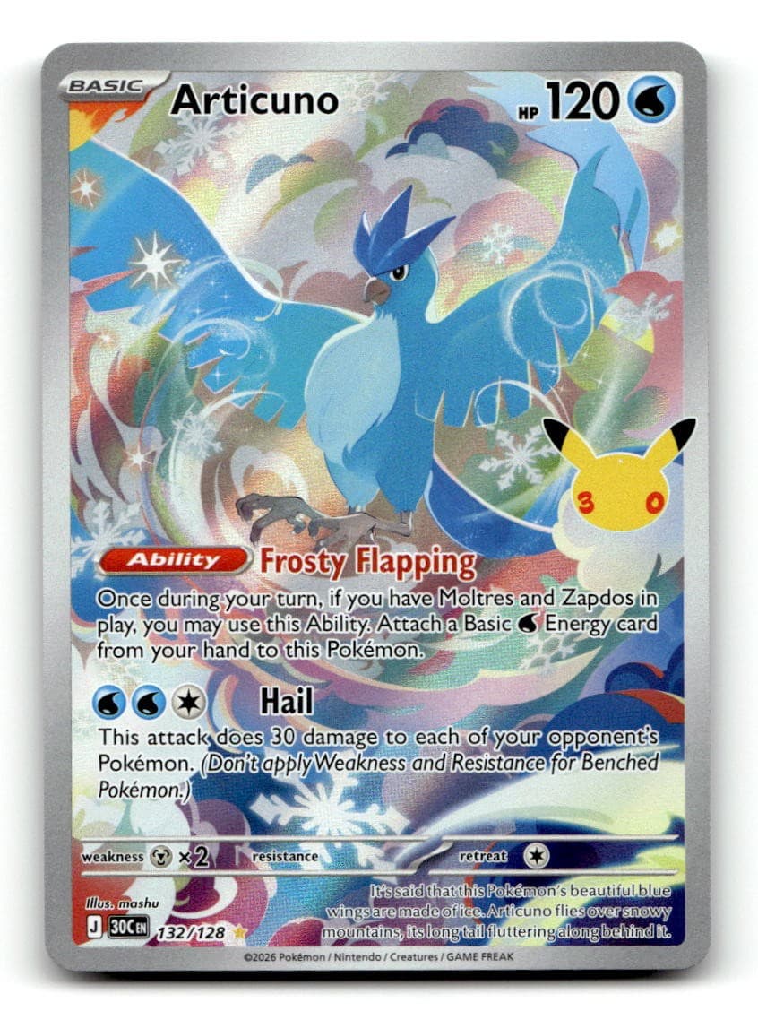 Articuno 132/128 Illustration Rare ME: 30th Celebration Pokemon Holo LP
