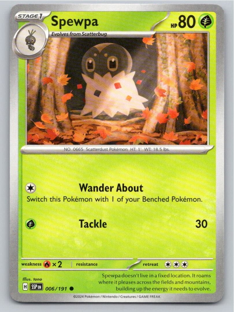 2024 POKEMON SPEWPA SURGING SPARKS 006/191 COMMON NM A53014 FREE S&H