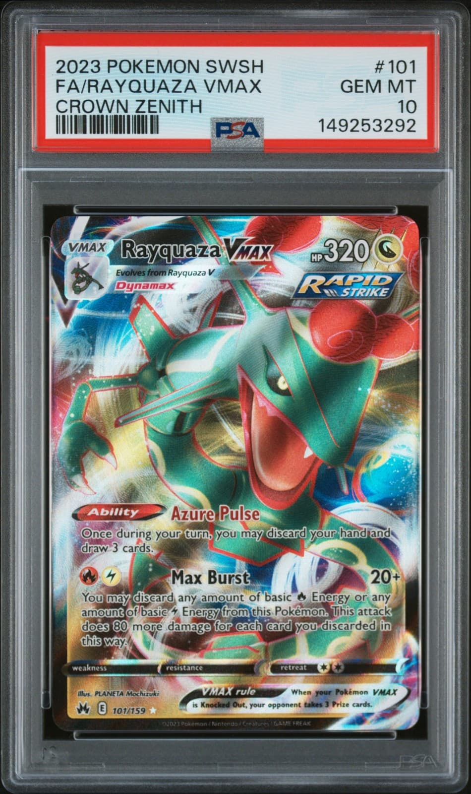 2023 POKEMON SWORD & SHIELD CROWN ZENITH #101 FULL ART/RAYQUAZA VMAX PSA 10