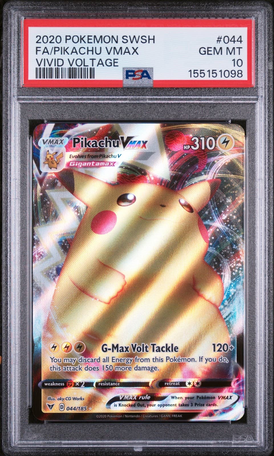 2020 POKEMON SWORD & SHIELD VIVID VOLTAGE #044 FULL ART/PIKACHU VMAX PSA 10