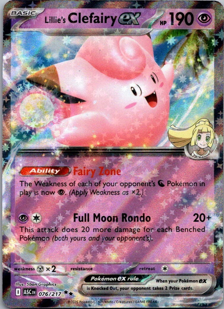 Lillie's Clefairy ex 076/217 Double Rare Ascended Heroes Pokemon Holo Near Mint