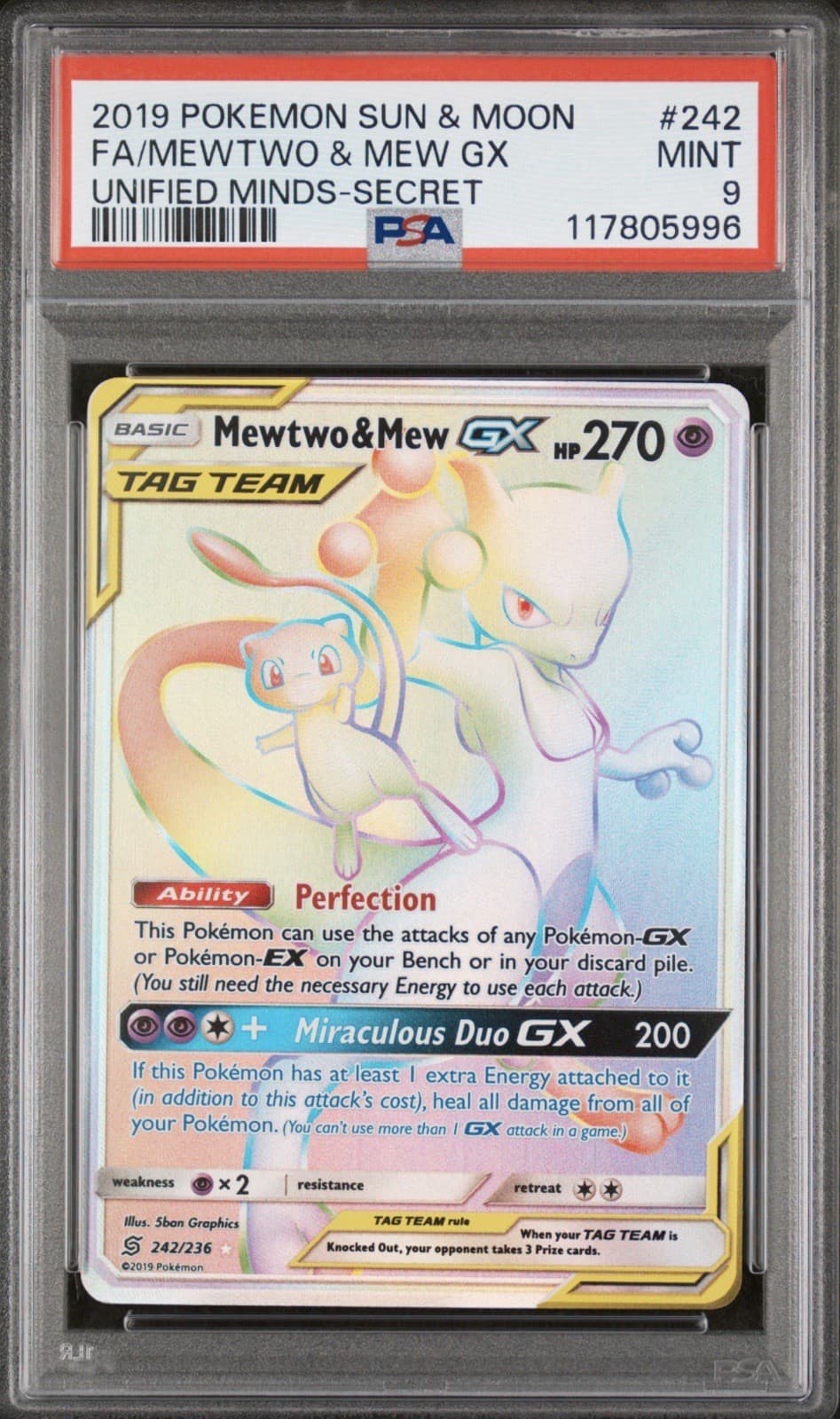 2019 Pokemon Unified Minds Rainbow Mewtwo and Mew GX Full Art 242/236 PSA 9 Mint