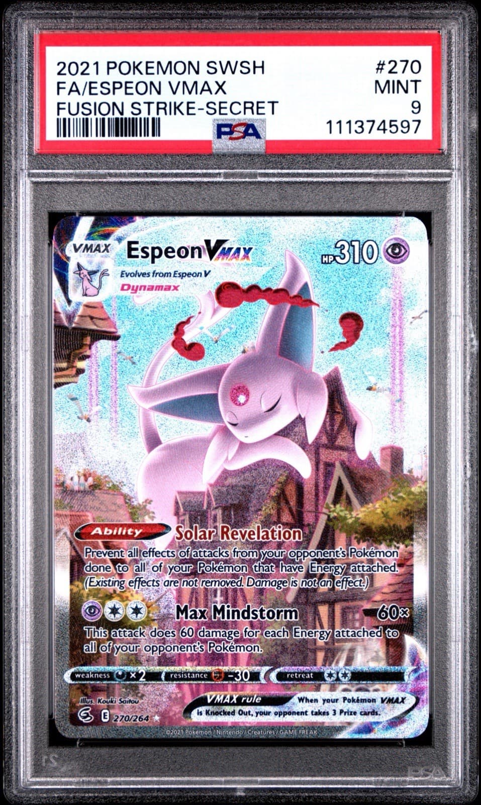 Pokemon 2021 Espeon VMAX 270/264 Fusion Strike Secret Rare Alt Art Holo PSA 9