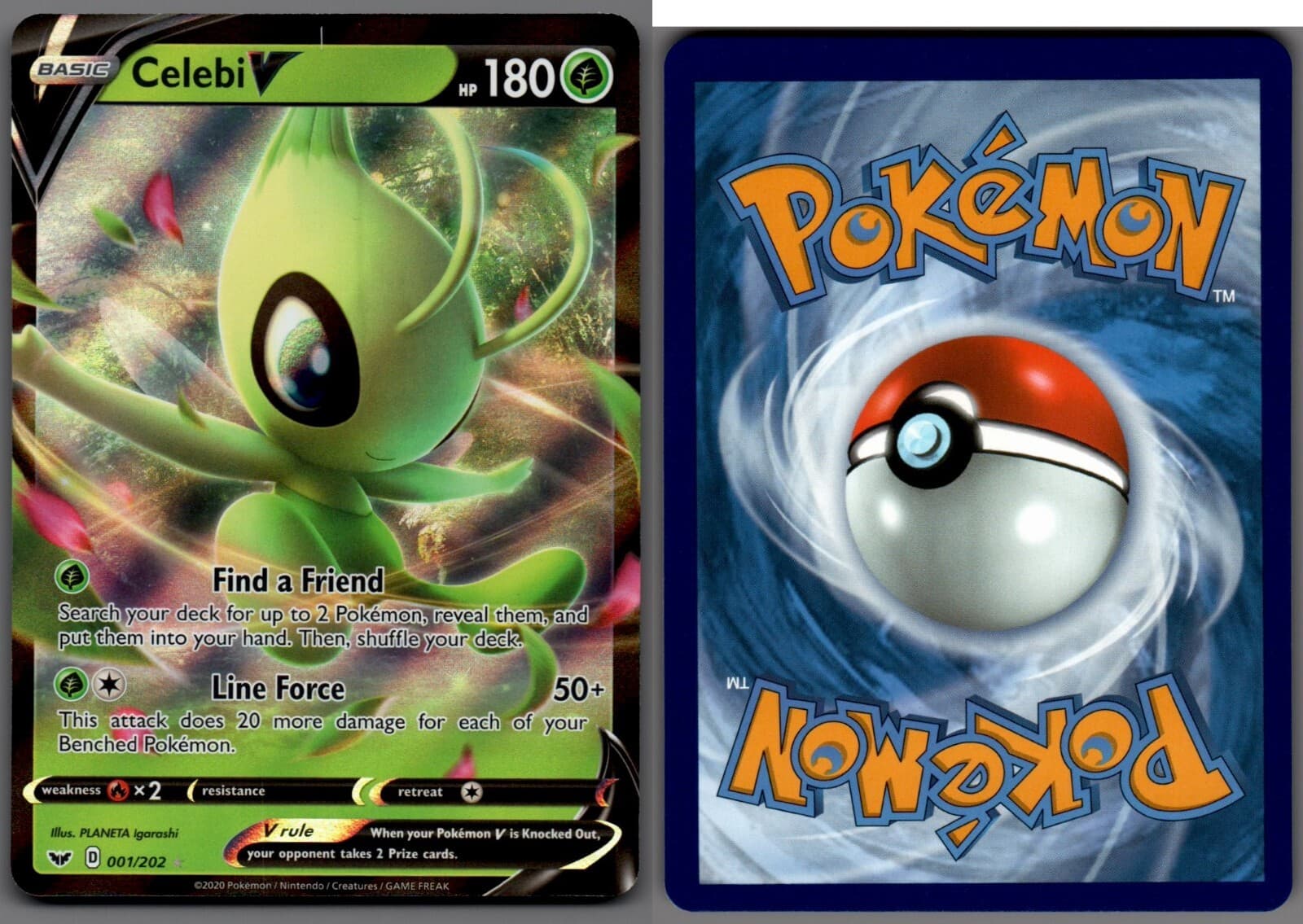 2020 Pokemon, Sword & Shield Base, #001/202 Celebi V, Holo Ultra Rare
