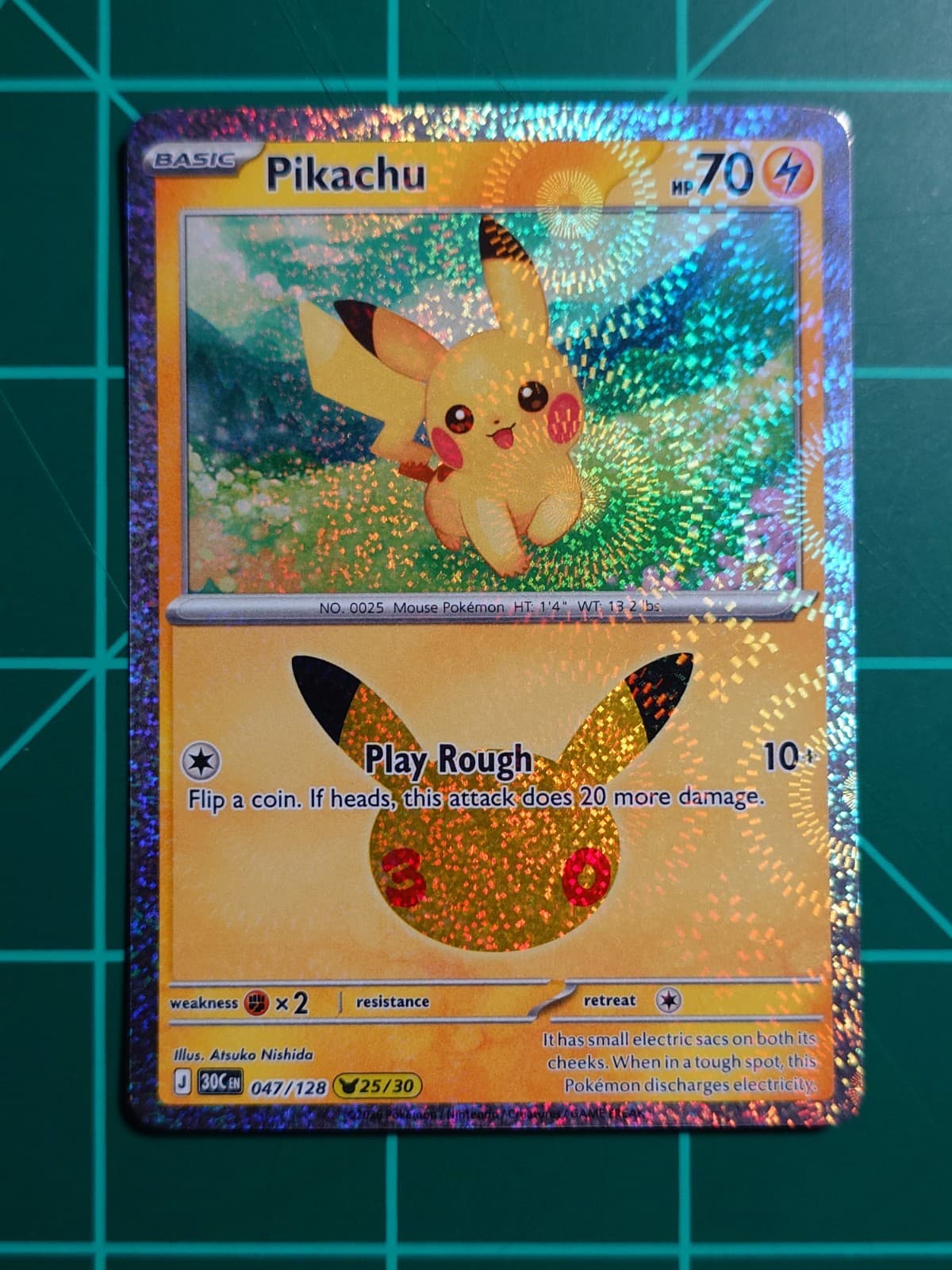 Pokemon 30th Anniversary Celebration Holo TCG Card Pikachu 47/128 (25/30) NM