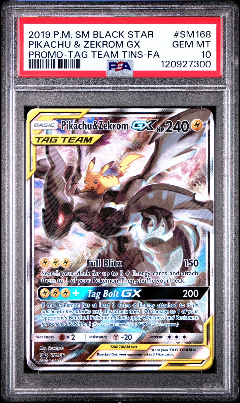 2019 POKEMON SM BLACK STAR PROMO #SM168 FULL ART/PIKACHU & ZEKROM GX PSA 10