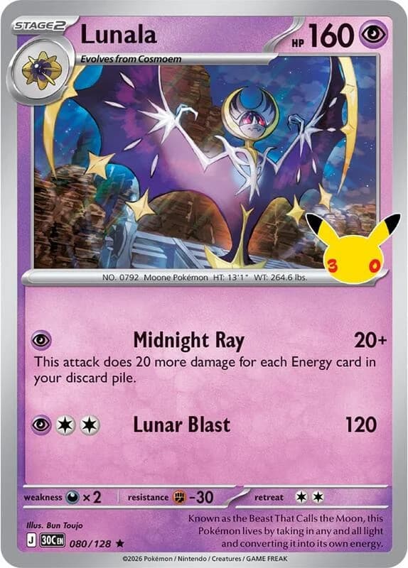 Pokemon TCG 30th Celebration Lunala Holo Rare #80/128
