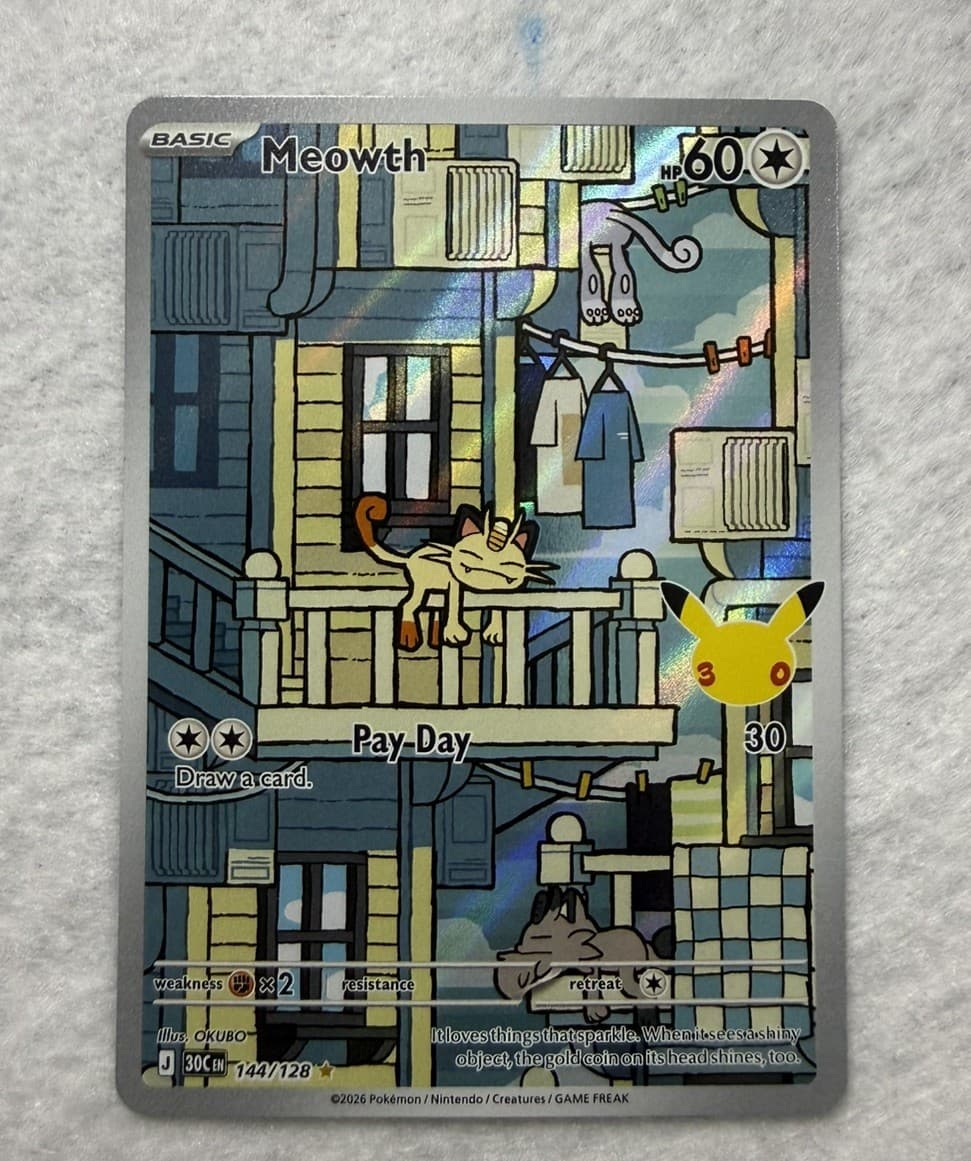 Pokemon Meowth 144/128 NM 30th Anniversary Celebration Illustration Rare 