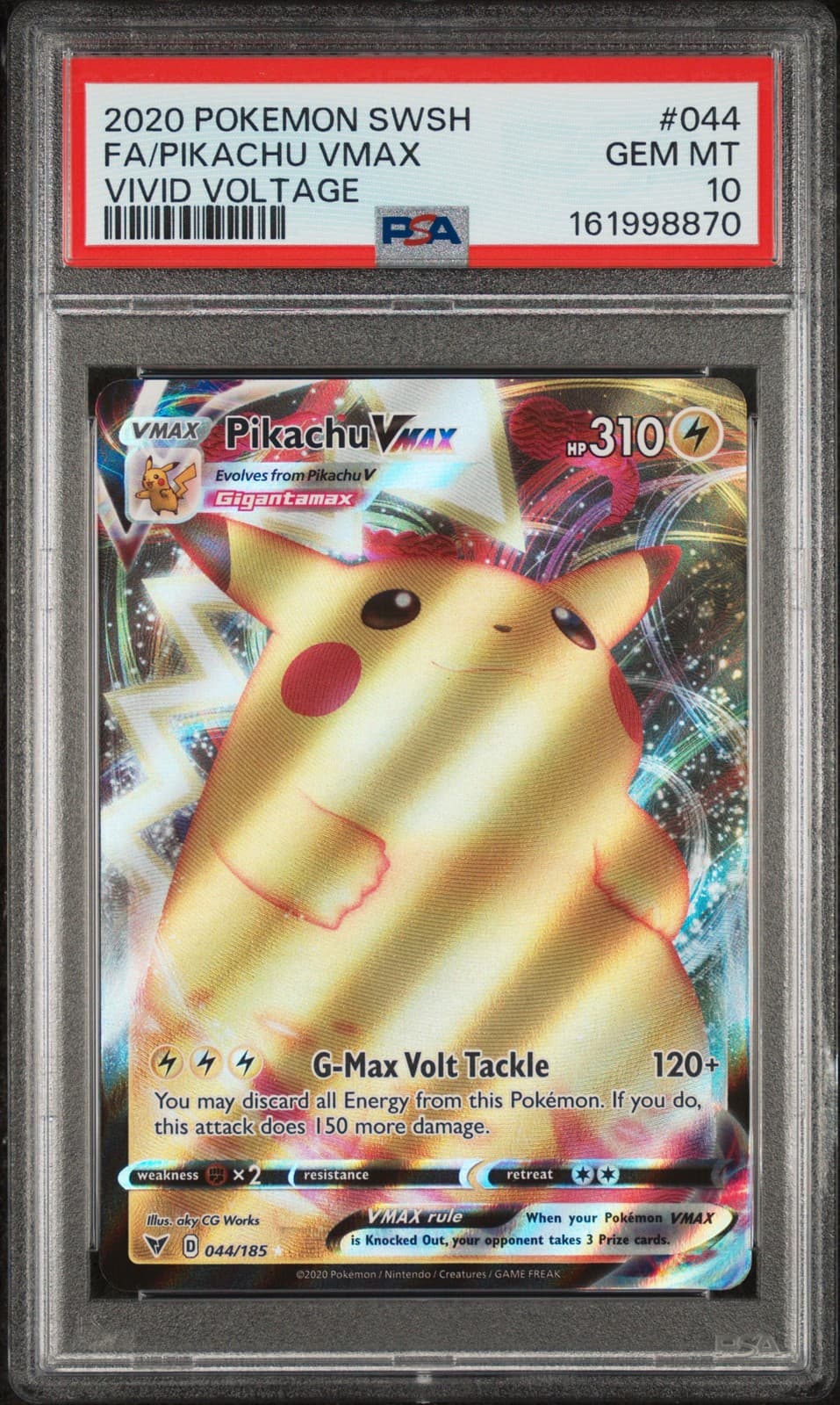 2020 POKEMON SWORD & SHIELD VIVID VOLTAGE #044 FULL ART/PIKACHU VMAX PSA 10