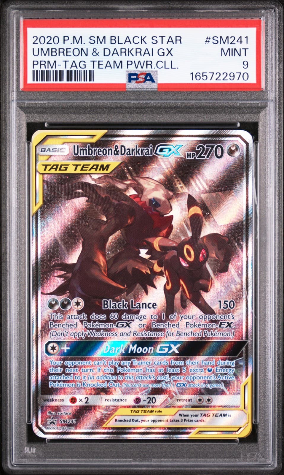 2020 POKEMON SM BLACK STAR PROMO #SM241 UMBREON & DARKRAI GX PSA 9