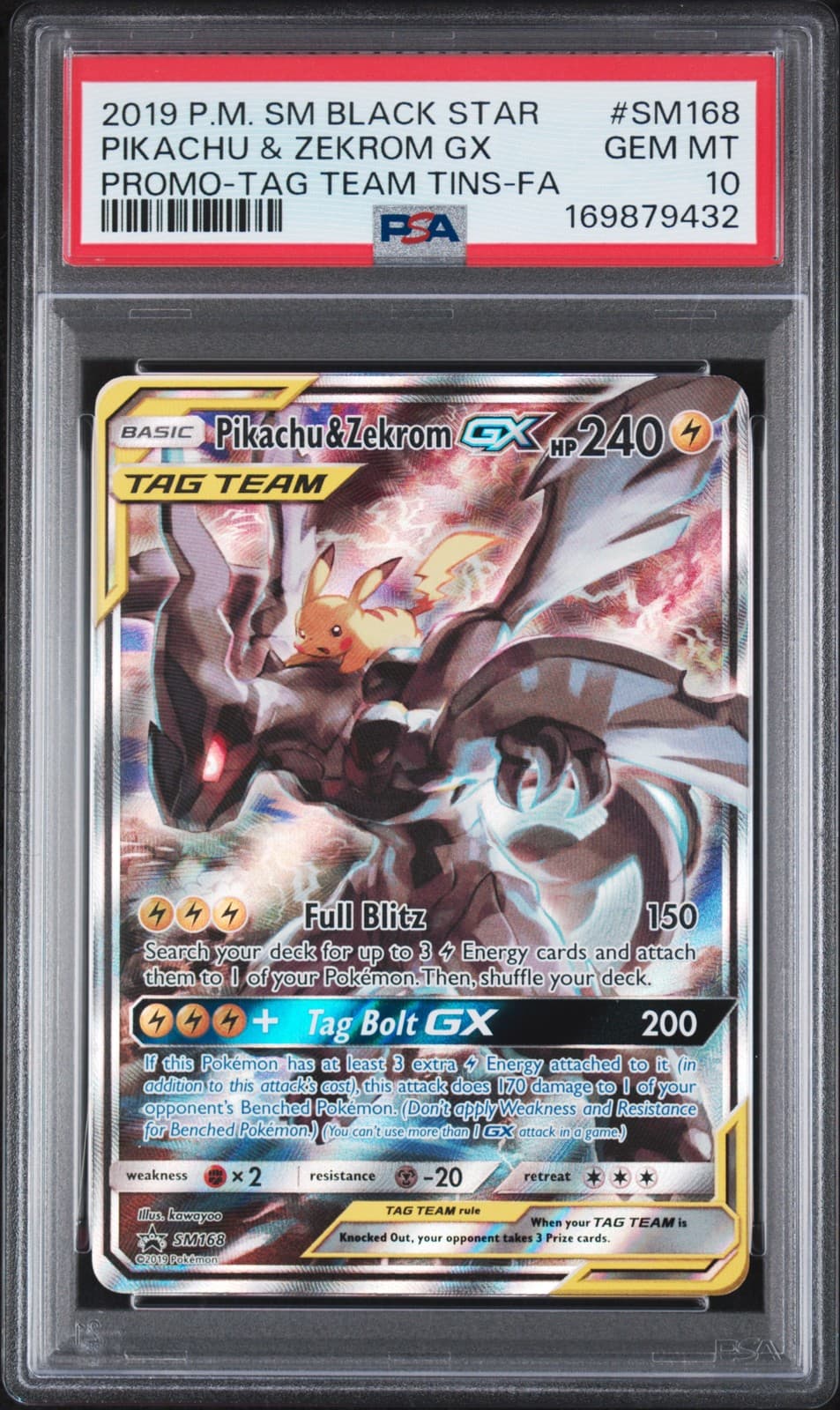 2019 POKEMON SM BLACK STAR PROMO #SM168 FULL ART/PIKACHU & ZEKROM GX PSA 10