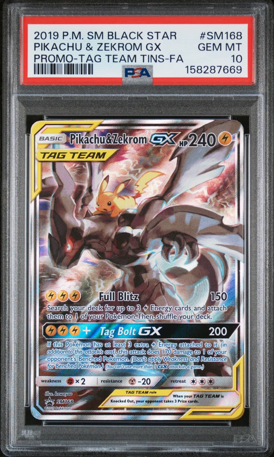 2019 POKEMON SM BLACK STAR PROMO #SM168 FULL ART/PIKACHU & ZEKROM GX PSA 10