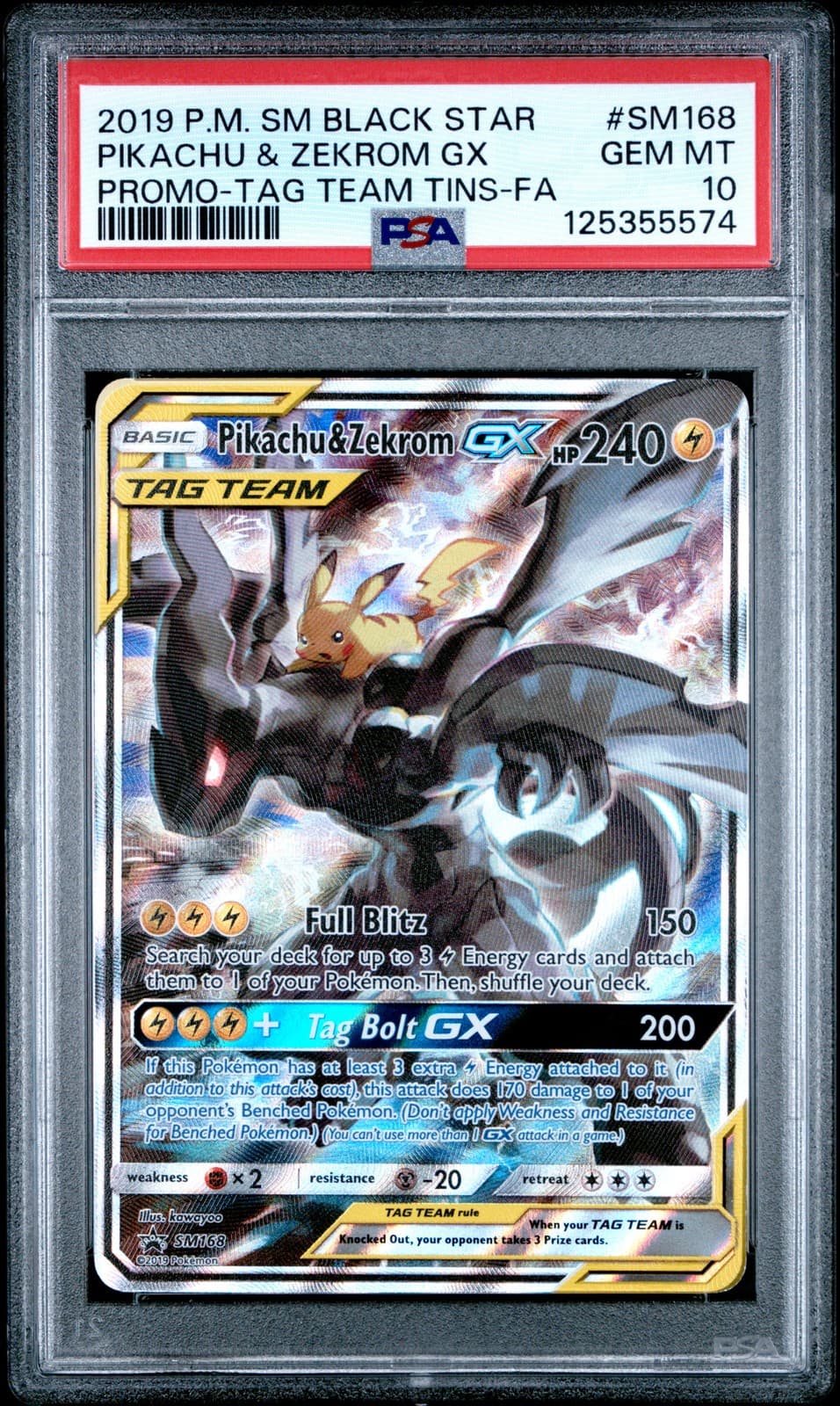 2019 POKEMON SM BLACK STAR PROMO #SM168 FULL ART/PIKACHU & ZEKROM GX PSA 10