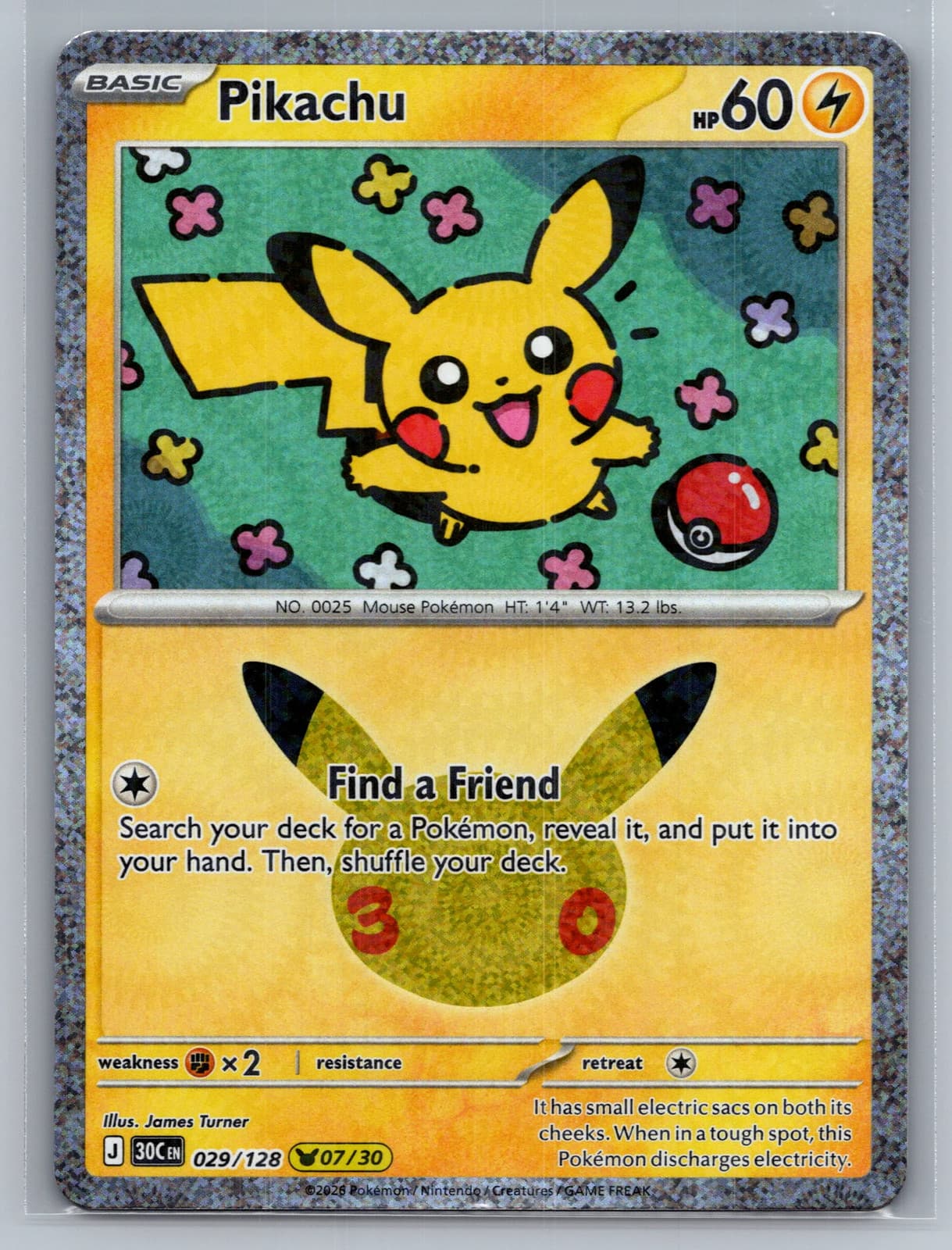Pikachu 029/128 (7/30) 30th Celebration Holo Pokemon TCG NM