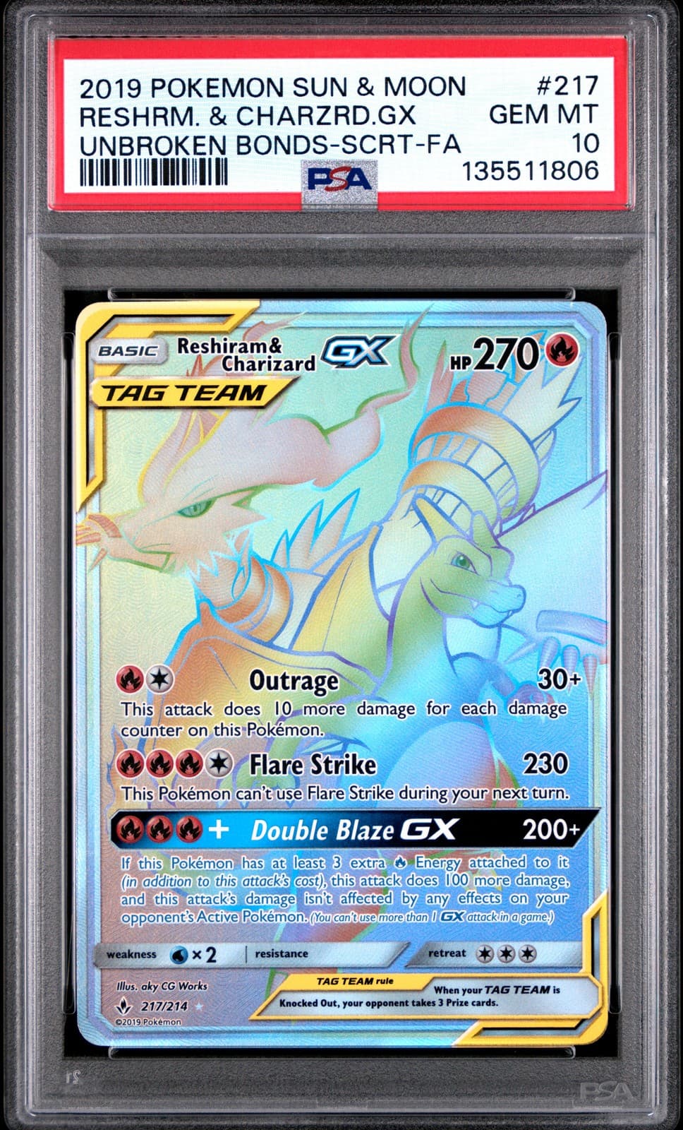 RESHIRAM & CHARIZARD GX 217/214 UNBROKEN BONDS SECRET POKEMON PSA 10 2019