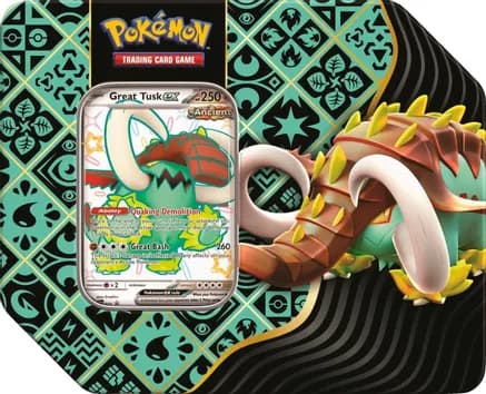 Paldean Fates Tin [Great Tusk ex] — sealed Pokémon TCG product