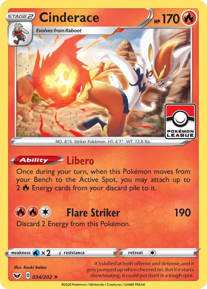 Cinderace - 034/202 (Pokemon League) — League & Championship Cards 34 Pokémon card