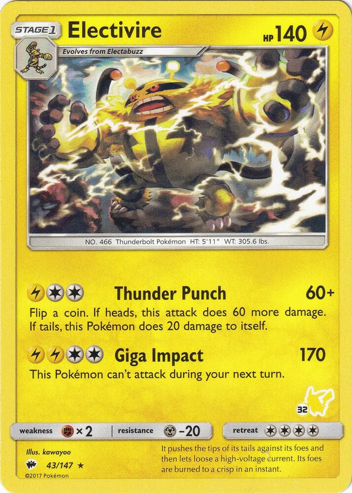 Electivire- 43/147 (#32 Pikachu Stamped) — Battle Academy 43 Pokémon card