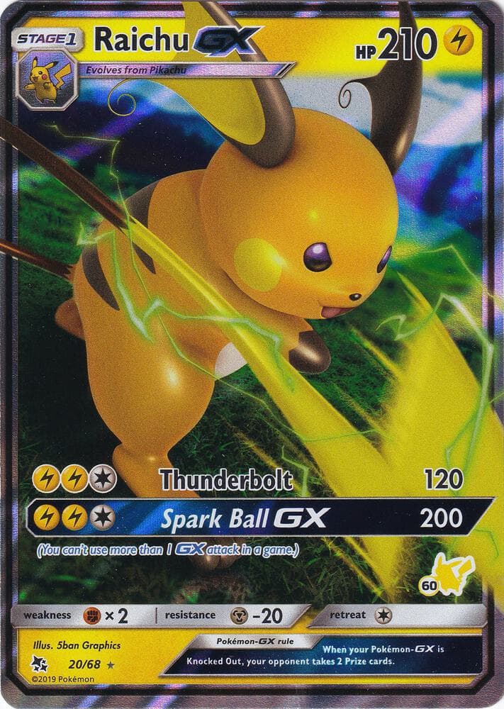 Raichu GX - 20/68 (#60 Pikachu Stamped) — Battle Academy 20 Pokémon card