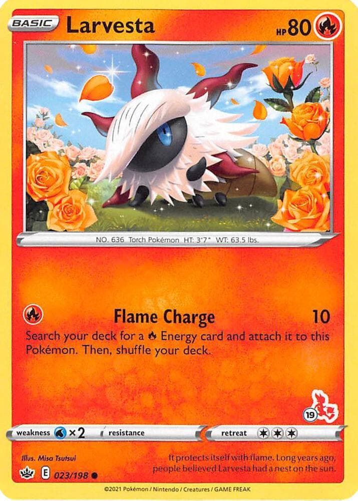 Larvesta - 023/198 (#19 Cinderace Stamped) — Battle Academy 2022 23 Pokémon card
