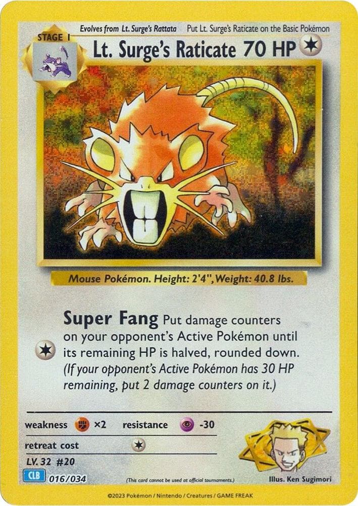 Lt. Surge's Raticate — Trading Card Game Classic 16 Pokémon card