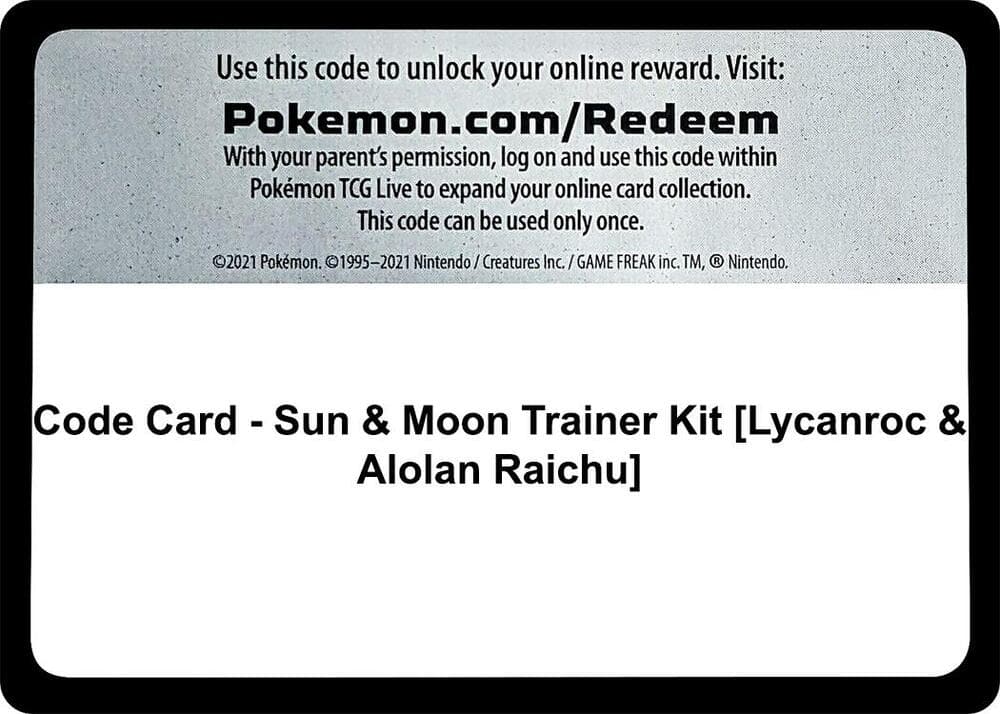 Code Card - Sun & Moon Trainer Kit [Lycanroc & Alolan Raichu] — SM Trainer Kit: Lycanroc & Alolan Raichu p693648 Pokémon card