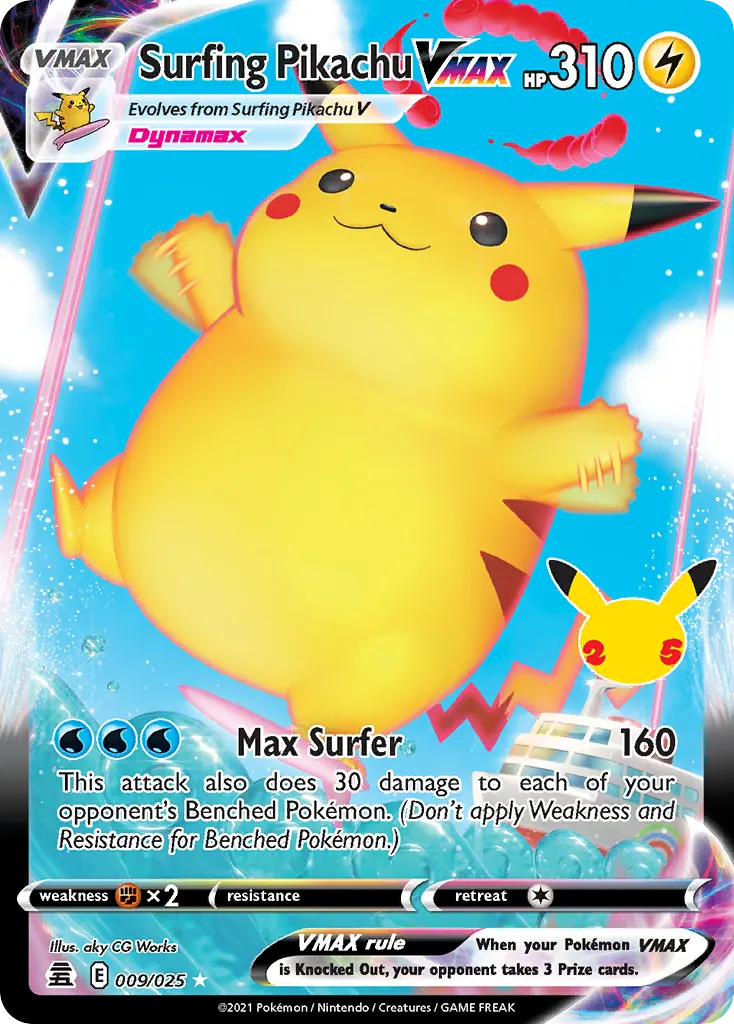 Surfing Pikachu VMAX — Celebrations 9 Pokémon card